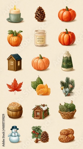 Autumn decorations featuring pumpkins, pinecones, and cozy elements inspired by a fall theme
