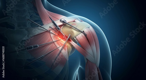 Innovative arthroscopic surgery meticulously performed on a human shoulder joint revealing intricate muscular and skeletal structures with precision instruments