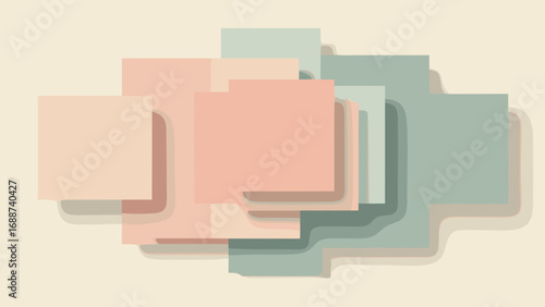 Layered paper-cut squares staggered with drop shadows, palette: ivory, dusty rose, sage, stone