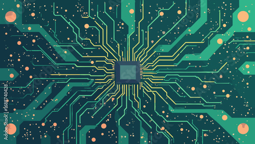 Circuit-board trace network abstract with node accents, palette: PCB green, copper, solder gray, black