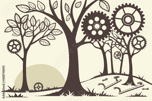 Steampunk Clockwork Forest Cartoon Vector Background