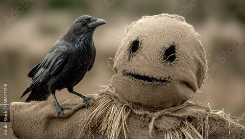 Raven perched on scarecrow - Rural field background - Mystery and eeriness concept.