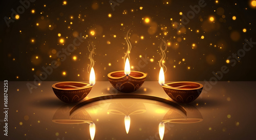 Happy Diwali Navratri festival diya celebration illustration with glowing oil lamps on dark background for Durga Puja Maha Ashtami Navami New Year Hindu worship decoration spiritual light design