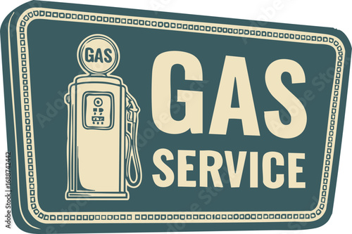 A retro-style sign for a gas service station featuring a vintage fuel pump.