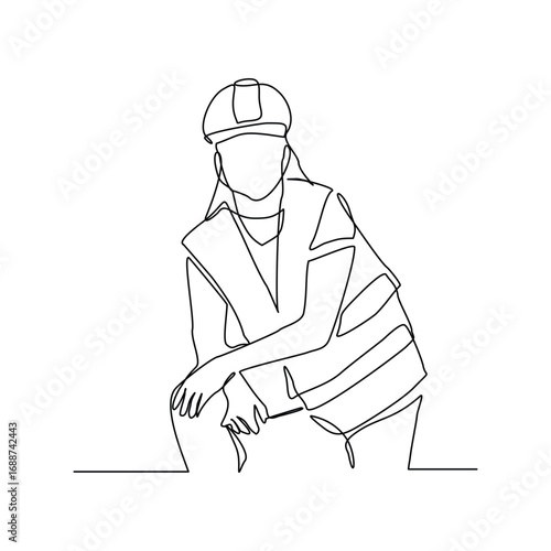 Continuous line drawing of standing building construction worker and engineering woman. One line art of architect or engineer mechanic. Vector illustration editable stroke
