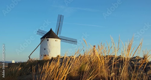 Revealing view of the historic windmills of Consuegra, Castilla-La Mancha, Spain
