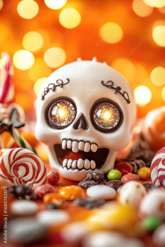 Obraz premium Playful halloween candy scene with decorated skull on vibrant orange background