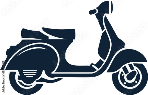 A dark blue silhouette of a classic, vintage-style motor scooter shown in a side profile view on a white background.
