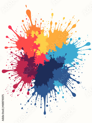 Paint splash explosion frozen mid-air, palette: crimson red, canary yellow, cerulean blue, bright white