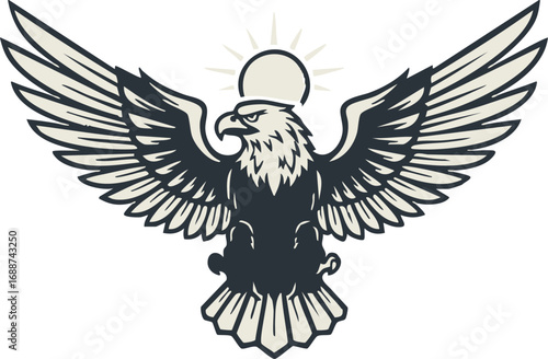 A majestic bald eagle with wings spread wide, illustrated in a bold graphic style with a sun halo above its head.