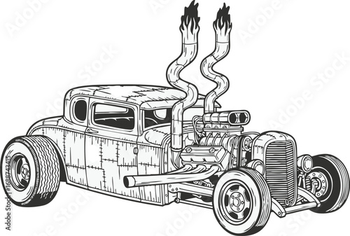 A black and white illustration of a classic hot rod car with a large exposed engine, flaming exhaust pipes, and patched bodywork.