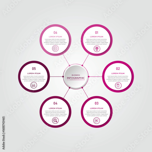 6 circular steps business process connected with 3d circle by line | Infographic business idea visualization for presentation with timeline and icon | Abstract magenta color base vector illustration