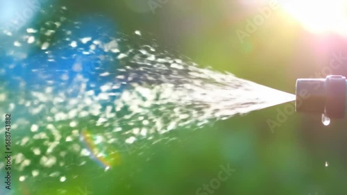 A refreshing close-up of a garden hose nozzle spraying a stream of water against a vibrant, sunny green background. The scene feels natural and peaceful.