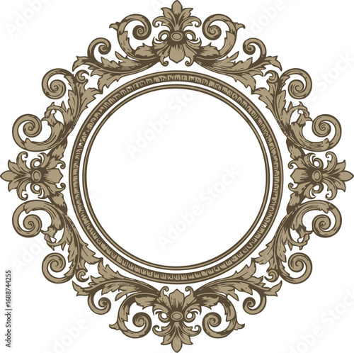 An ornate vintage circular frame with baroque scroll and acanthus leaf decorations on a white background.