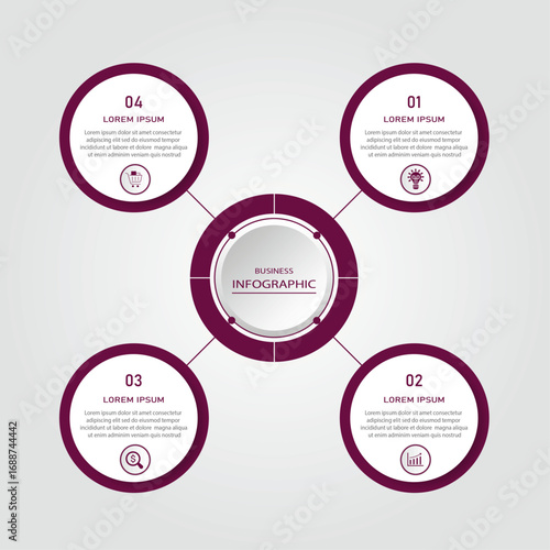 Marketing process visualization with white circle diagram | Business data representation with 4 steps or option around elegant circular border -Modern vector illustration for web, presentation, report