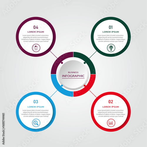 Marketing process visualization with white circle diagram | Business data representation with 4 steps or option four side circular border | Modern vector illustration for web, presentation, report
