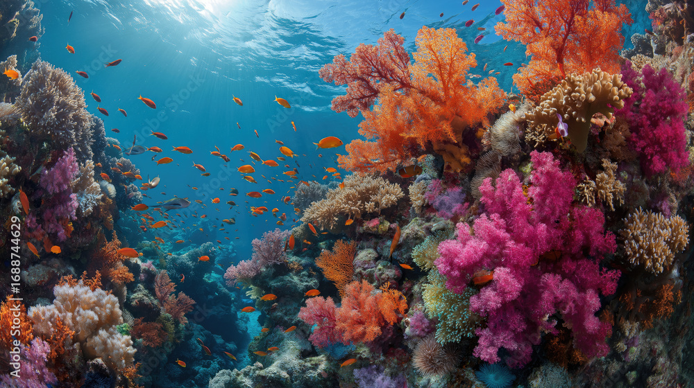 Fototapeta premium Vibrant coral reef underwater, filled with colorful marine life.