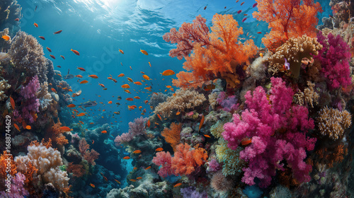 Fototapeta Naklejka Na Ścianę i Meble -  Vibrant coral reef underwater, filled with colorful marine life.