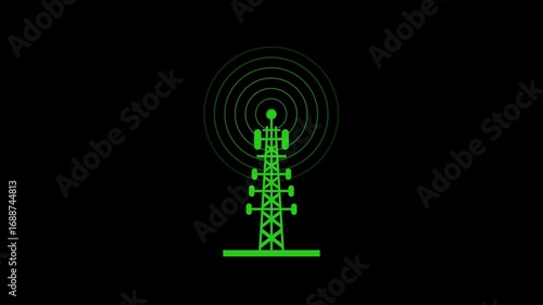 Cell tower signal waves icon animation on black background .4kHD motion signal video 