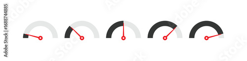 A vector set of speedometer and gauge icons with black and red elements. Perfect for performance indicators, progress levels, and data dashboards
