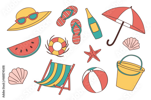 Collection of colorful summer beach icons with umbrella, hat, ball, and fruit