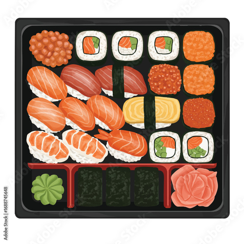 Aesthetic sushi bento box filled with diverse maki and nigiri pieces, pickled ginger, and wasabi, meticulously arranged in a top-down simplified flat 2D vector illustration.