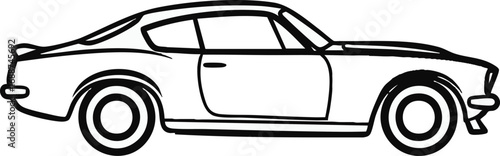 A simple black and white line drawing of a classic sports coupe car from a side profile view.