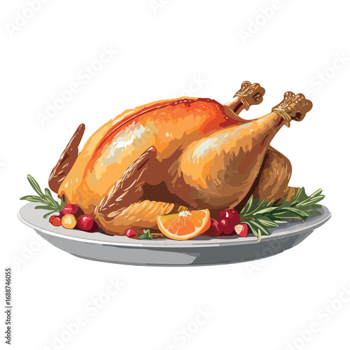 Autumn-themed Thanksgiving isolated roast turkey with thyme garnishes on a platter realistic watercolor illustration on a flat white background