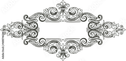 An elegant, symmetrical vintage ornament with intricate scrollwork and acanthus leaves, creating a classic decorative frame with a blank center.