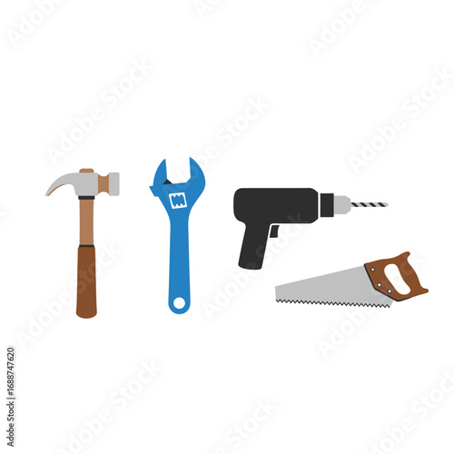 Tools for DIY and home repair: hammer, wrench, drill, saw.
