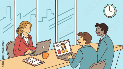 Business people video conference meeting team collaboration online discussion modern office laptop computers teamwork communication virtual meeting remote work colleagues professional corporate discu.