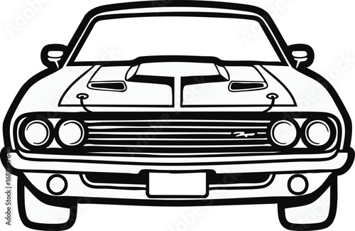Front view of a classic muscle car in a black and white line drawing, showcasing its distinctive hood scoop and headlights.