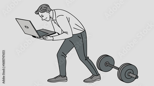 Businessman Stressed Overwhelmed Working on Laptop Near Weights Exhaustion Tired Burnout Hard Work Pressure.