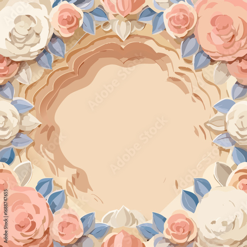 Vector cut paper petals layered as delicate border in dusty rose and butter beige with subtle accents