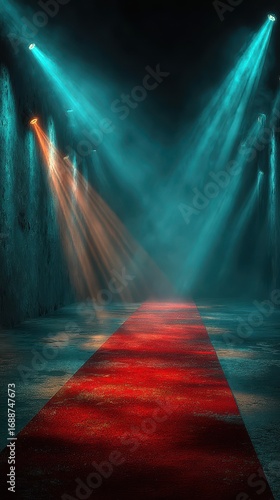 Red carpet illuminated by dramatic stage lights in a darkened venue, creating a captivating atmosphere for an event