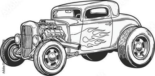Illustration of a classic hot rod car with flame details.