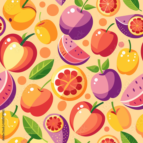 Gradient abstract fruit pattern, seamless for fabric or wallpaper.