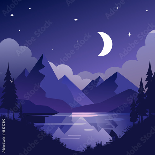 Night sky over mountain lake, minimalist silhouette art.