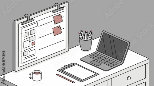 Clean and Organized Workspace with Laptop Clipboard and Planner Illustration.