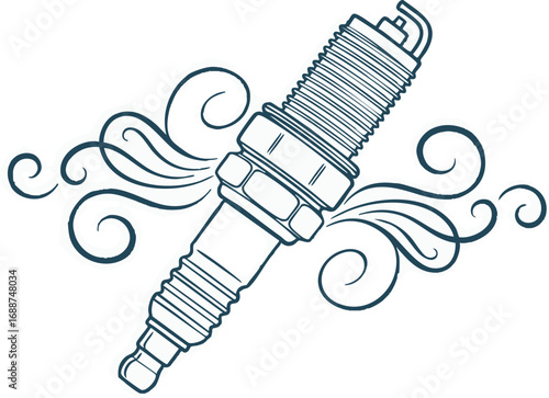 Illustration of a spark plug with decorative swirls around it, isolated on white.