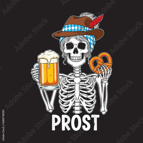 Prost Oktoberfest Skeleton - Humorous Design with Beer and Pretzel