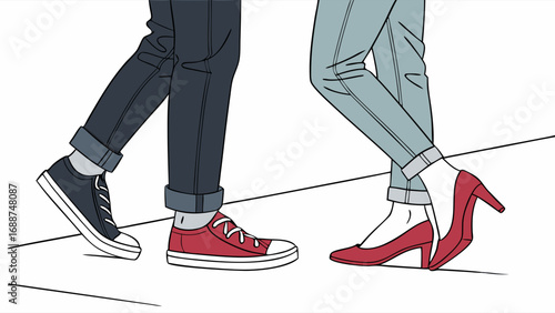 Close-up illustration of a couples feet in casual and formal shoes walking together.