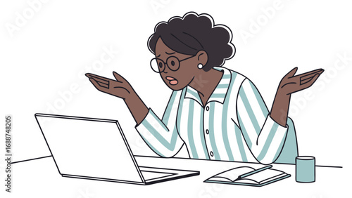 Confused woman working on laptop problem solving online difficulties digital frustration illustration.