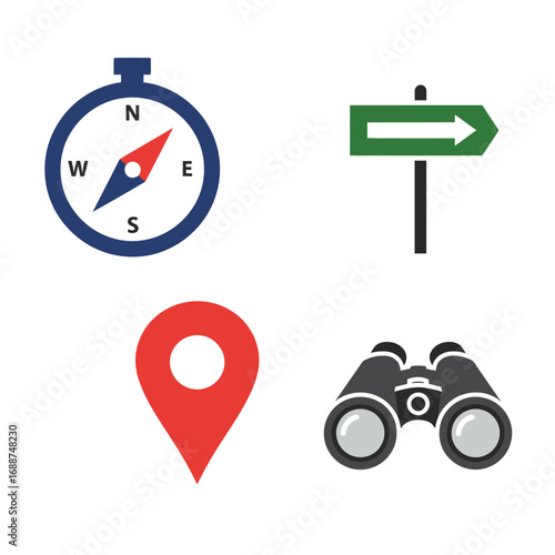 Compass, signpost, location pin, and binoculars icons.