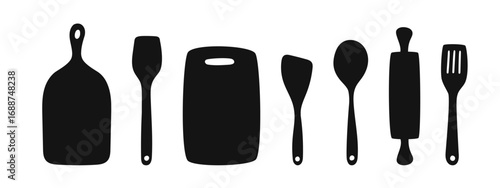 Solid black silhouettes of kitchen utensils – spatula, spoon, rolling pin, cutting board – ideal for recipe cards, restaurant logos, cooking blogs, and kitchen décor.