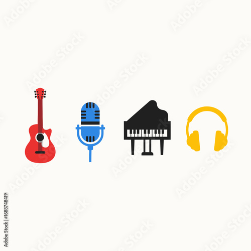 Music icons: guitar, microphone, piano, headphones.