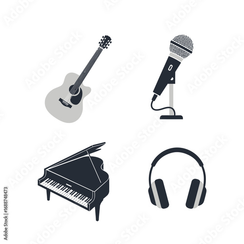 Musical instrument icons: guitar, microphone, piano, headphones.