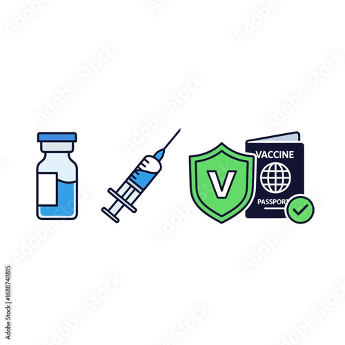 Vaccine vial, syringe, immunity shield, and vaccine passport.