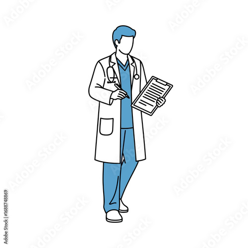 A doctor in scrubs and a lab coat holds a clipboard.