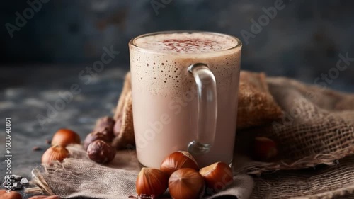 Hazelnut beverage in glass mug